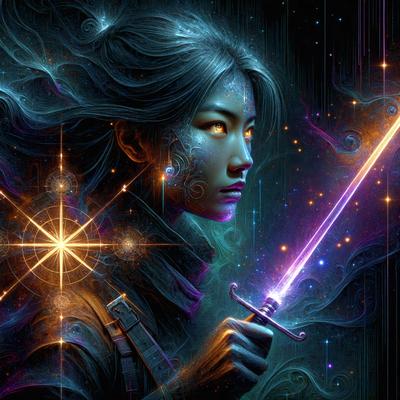 The primary subject of the image is a woman holding a sword. She is wearing a black outfit and has a starry background. The visual style of the image is digital art, and the colors and mood are dark and mysterious.